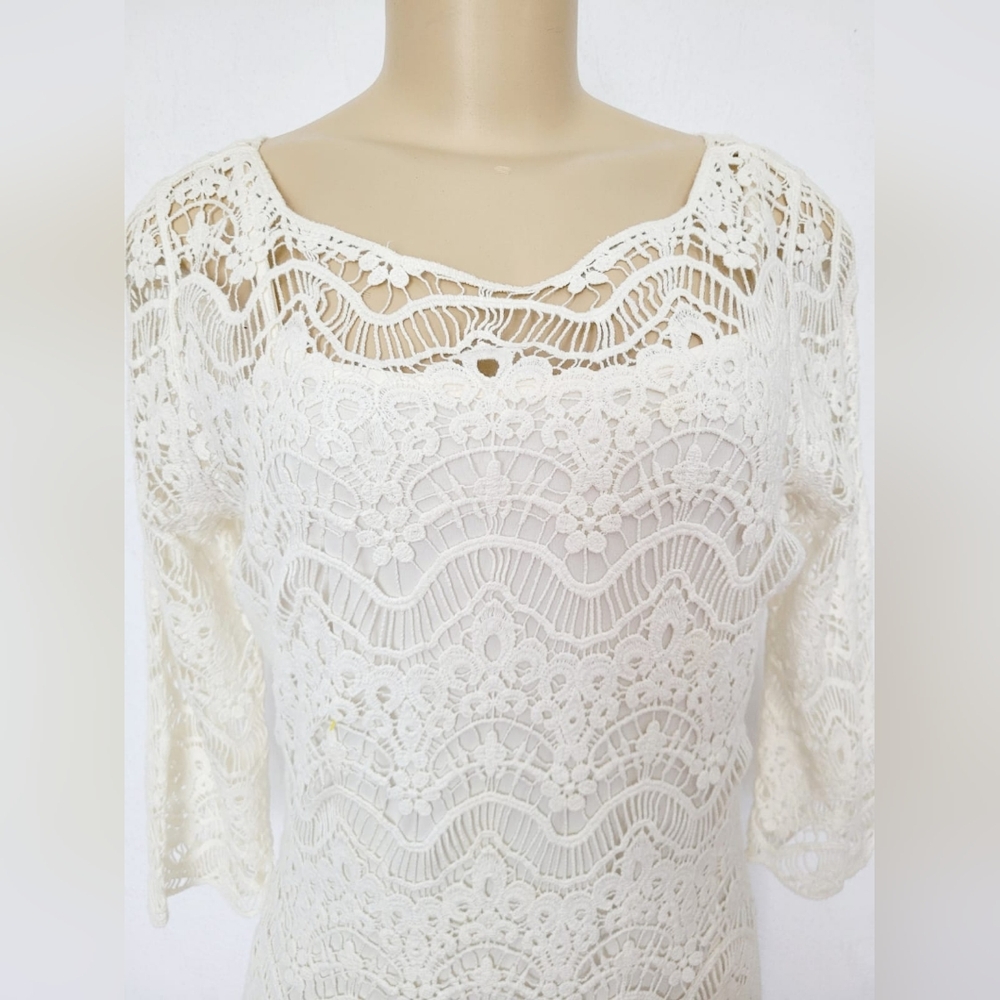 Ralph Lauren 100%Cotton White Crochet Sheath Dress 3/4 Sleeve Crew Neck Lined M - Picture 13 of 16